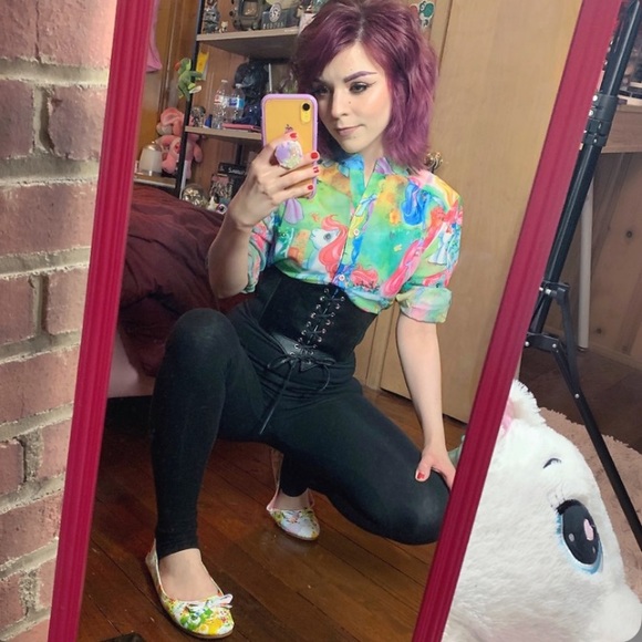 Iron Fist My Little Pony MLP Button up SHEER LONG SLEEVE BLOUSE Top colorful SM - Picture 2 of 9